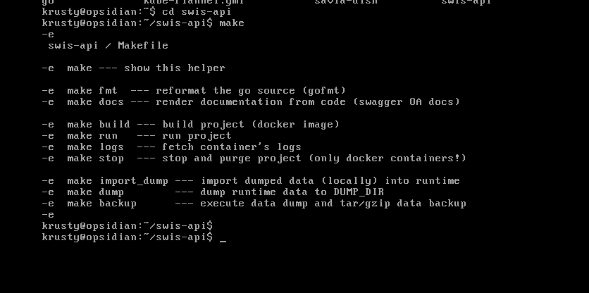 serial terminal showing a Makefile in swapi project