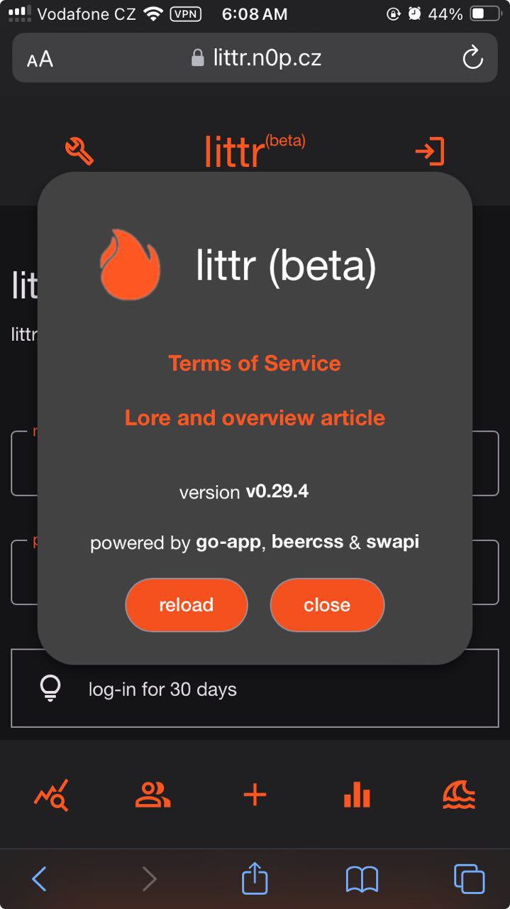 littr info modal showing the app version