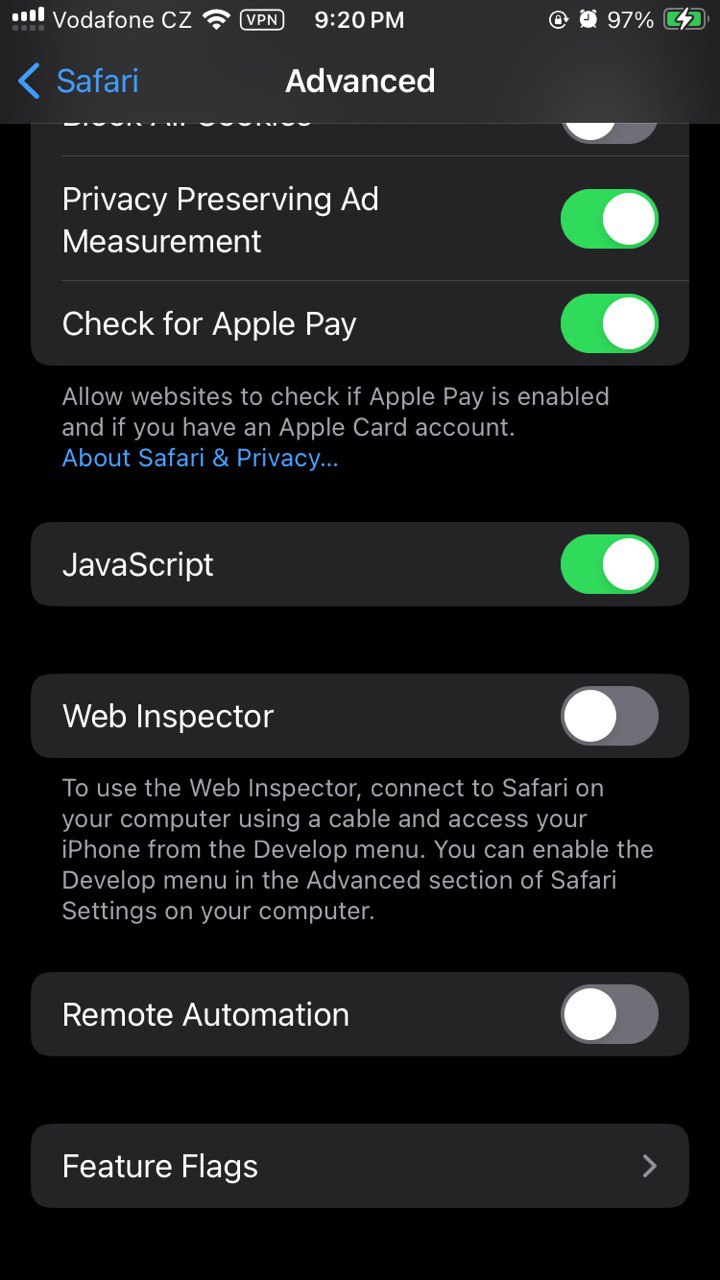 Safari Advanced settings